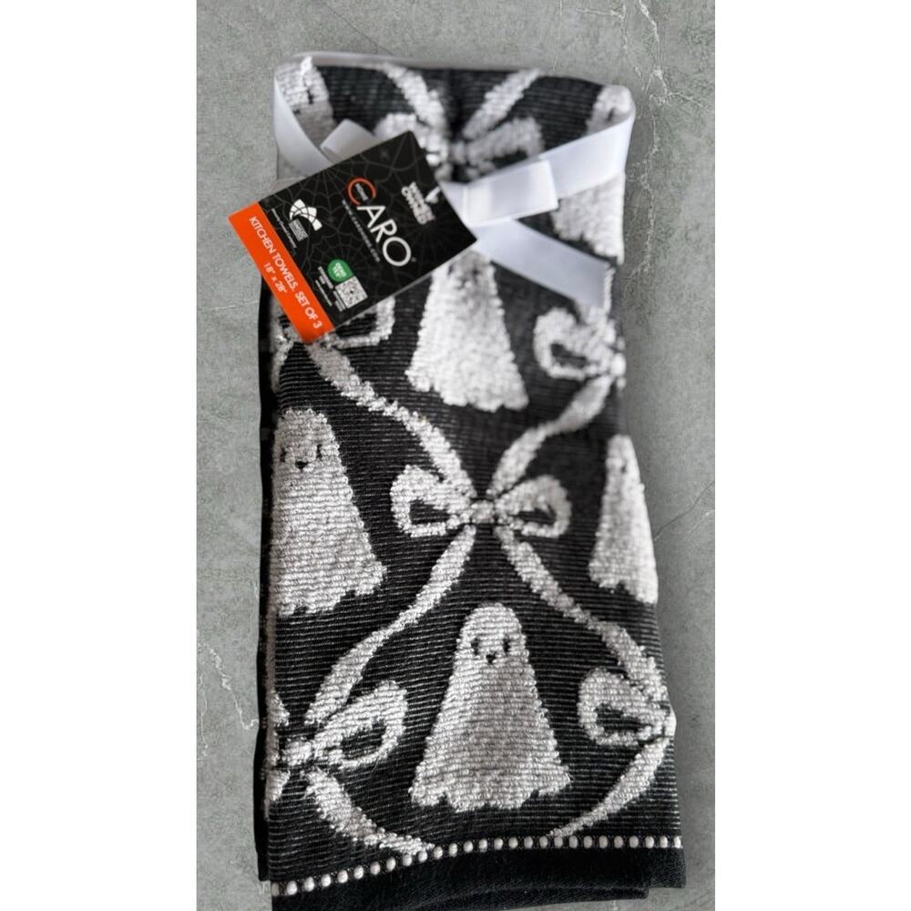 Set of 3 Halloween Ghost Ribbon Black White Hand Towels New!